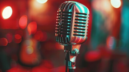 Wall Mural - retro chrome microphone on stage vintage music equipment closeup product photo