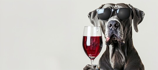 Canvas Print - dog dane wearing sunglasses and holding a glass of red wine, pastel background banner