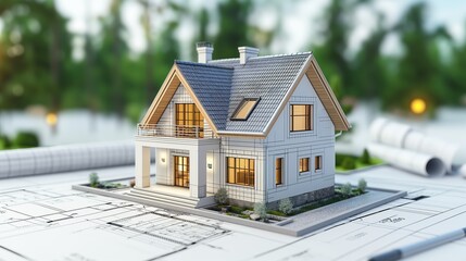 Poster - 3d rendering illustration of new building model house on blueprint plan