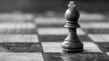 Canvas Print - A wooden chess piece, a black pawn, stands alone on a chessboard. The pawn is in focus, while the background is blurred.