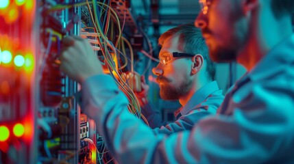 Wall Mural - electrician and engineer work on an electrical circuit with many cables for communication and data transfer