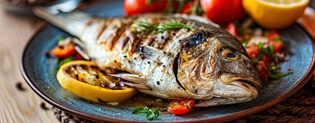 Wall Mural - grilled dorada fish served on plate, web banner format