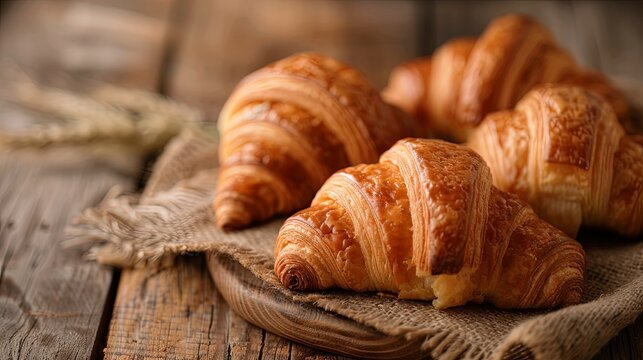 close-up of freshly baked croissants on a rustic wooden table.
