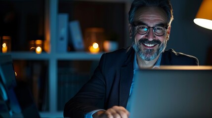 Wall Mural - successful businessman working late at night in his private office smiling at the camera while using a laptop photograph