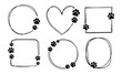 © Foxy Fox - Pet footprint frame. Doodle shape frames with dog or cat paws. Hand drawn outline circle, heart, square boarder with cute animal steps. Adopted animal. Pets love vector concept