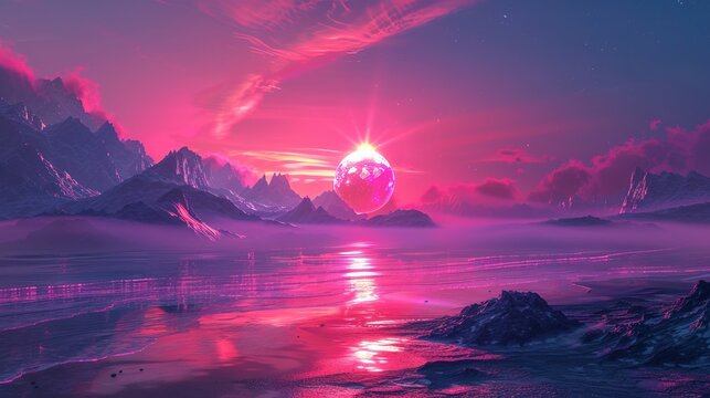 synthwave 3d retro cyberpunk style landscape background banner or wallpaper bright neon pink and purple colors