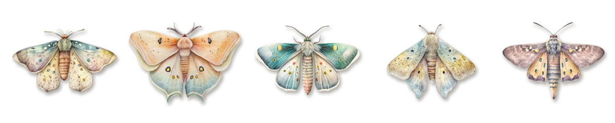 Moths on a white background. Magic butterflies. Watercolor clipart. Set of images isolated on white.