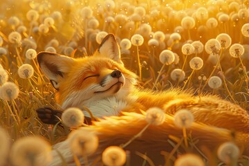 Poster - fox lying in a field of dandelions and looking at the sky, summer