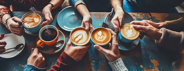 Canvas Print - Friends drinking coffee together in cafe of restaurant, close up view