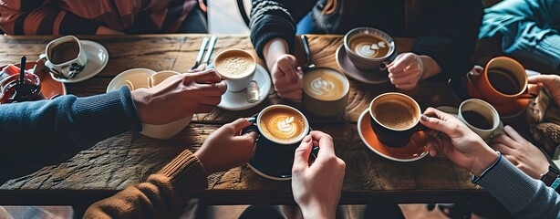 Canvas Print - Friends drinking coffee together in cafe of restaurant, close up view