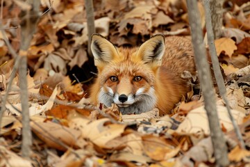 Poster - red fox in the forest, hiding in the leaves