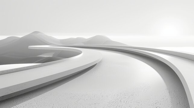 Abstract black and white curved road with a beautiful landscape background, futuristic architecture concept design with a simple background, 3D rendering illustration with fine details and high resolu