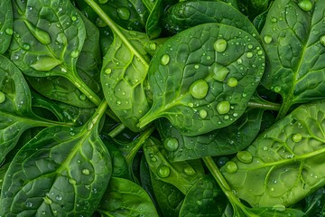 Close-up macro view of fresh green spinach leaves, high resolution.