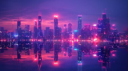 Wall Mural - Glowing neon light synthwave cityscape background 