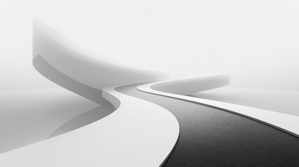 Wall Mural - White background, a curved road leading into the distance, black and white minimalist style, graphic design poster art in the style of surreal shapes, smooth curves, winding roads in front of building