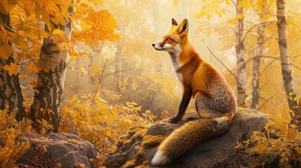 Sticker - Red fox sitting on a rock in the autumn forest on a yellow background