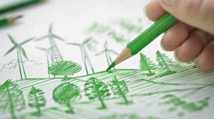 Wall Mural - Draw green city on paper，Hand-Drawn Sustainable Urban Landscape with Wind Turbines on a Graph Chart Background