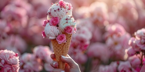 Wall Mural - pink roses icecream waffle cone concept, ai