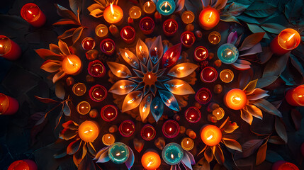 Wall Mural - top view of a beautiful intricate Mandala made with lighting candles with different colors