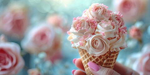 Wall Mural - pink roses icecream waffle cone concept, ai