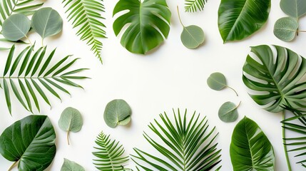 Wall Mural - top view of eucalyptus and palm tree leaves isolated on white background