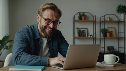 one man adult caucasian work on laptop at home happy smile