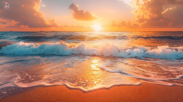 A beautiful sunset over the ocean, with golden rays reflecting on the sand and waves crashing onto an empty beach. with the golden sunlight reflecting off the sand and waves rolling onto the shoreline