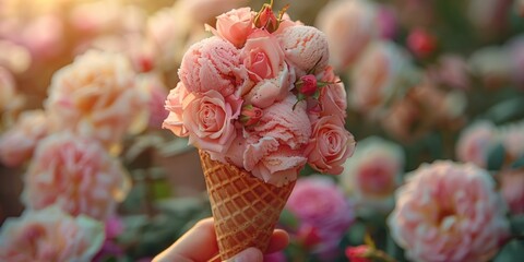 Wall Mural - pink roses icecream waffle cone concept, ai