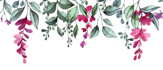 Wall Mural - watercolor seamless border with pink wisteria flowers and leaves. elegant frame