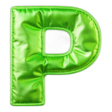 Letter P. English Alphabet in the form of an inflated silk fabric. Green foil helium
