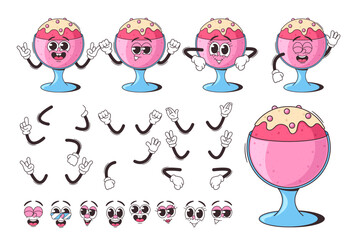 Wall Mural - Vector Set Of Adorable Cute Ice Cream Cup Retro Cartoon Characters With Different Facial Expressions And Arm Gestures