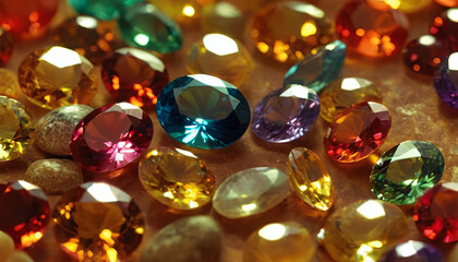 Poster - A close-up view of a variety of gemstones, including diamonds, sapphires, and emeralds, showcasing their brilliance and sparkle