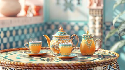 traditional moroccan tea set on ornate table in marrakech authentic cultural experience illustration