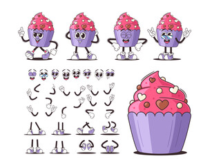 Wall Mural - Cute Cartoon Cupcake Characters Set With Various Facial Expressions, Arm And Leg Positions. Animation Constructor