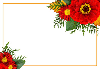 Wall Mural - autumn corner composithions with zinnia, chrysanthemum flowers and seasonal leaves with ginger frame