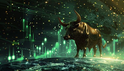 Wall Mural - Bull standing on Earth with green chart concept of Market Artistic Representation in Financial investment