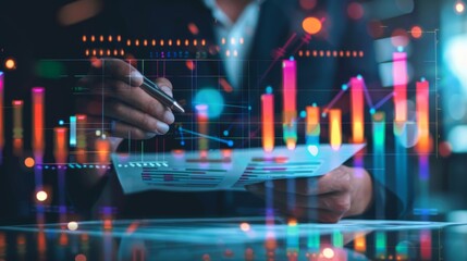 Poster - A businessman reviewing quarterly earnings reports with colorful line graphs and bar charts, assessing business performance