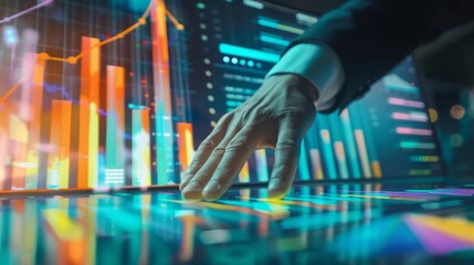 Poster - A businessman reviewing quarterly earnings reports with colorful line graphs and bar charts, assessing business performance