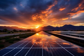 Poster - Solar panels gleam under a vibrant sunset sky reflecting the sustainable energy transition