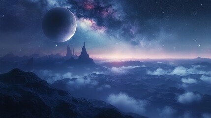 Wall Mural - Abstract fantasy square space landscape. Star nebulae, month and moon, mountains, fog. Unreal fantasy world