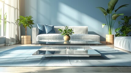 Wall Mural - A modern glass coffee table with a chrome base, centered in the living room, reflecting light and adding a touch of elegance to the space. Flat color illustration, shiny, Minimal and Simple,