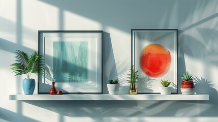 Wall Mural - A contemporary wall-mounted shelf with a minimalist design, displaying a few art pieces, small plants, and decorative objects. Flat color illustration, shiny, Minimal and Simple,