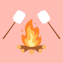 Wall Mural - Marshmallow character. Marshmallow piece on skewer roasting on forest bonfire. bonfire vector. Marshmallow cartoon vector. 