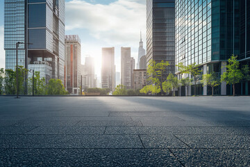 wide asphalt roads and modern city buildings under a blue sky