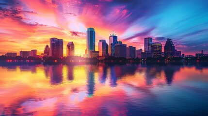Poster - A city skyline with skyscrapers reflecting the colors of a vibrant sunset, creating a picturesque urban panorama
