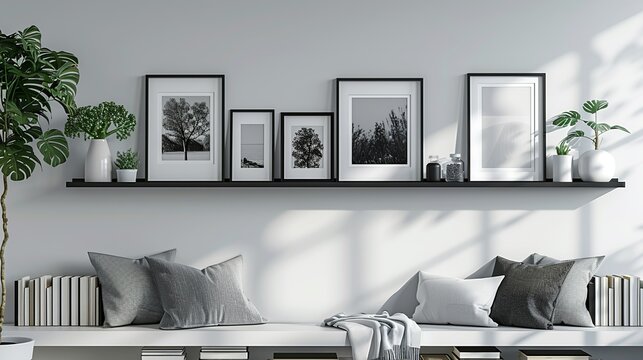 A set of sleek photo frames in varying sizes, arranged on the bookshelf with black-and-white photos for a cohesive look. Flat color illustration, shiny, Minimal and Simple,