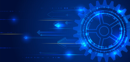 Poster - Science concept, lines, arrows and gear mechanism. Abstract high-tech communication for presentation or banner. Sci-fi blue background with different technological elements.
