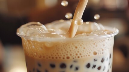 Poster - A close-up of a straw piercing through a layer of foam into a cup of creamy bubble milk tea, ready to be enjoyed