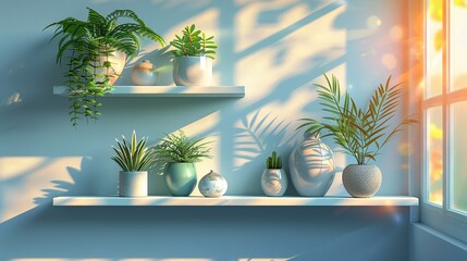 Wall Mural - A contemporary wall-mounted display shelf with a clean design, showcasing a few small plants and decorative objects. Flat color illustration, shiny, Minimal and Simple,