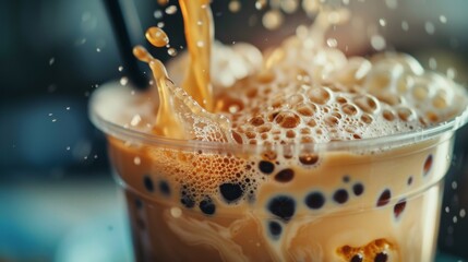 Aufkleber - a close-up of a straw piercing through a layer of foam into a cup of creamy bubble milk tea, ready t